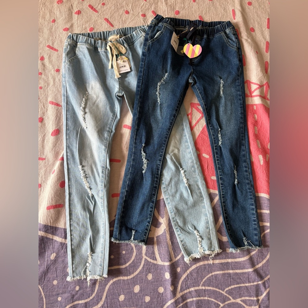 Stylish Distressed Denim Jeans - Light Blue and Dark Blue